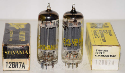 (!!!!) (Recommended Pair) 12BH7A Sylvania gray pinched plates NOS 1960's-1970's (9.6/10.8ma and 7.5/11ma)