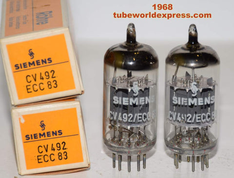 (!!!!!) (Best Siemens Pair 1968) CV492=ECC83=12AX7 Siemens Halske Germany NOS 1968 1-2% matched (1.2/1.3ma and 1.2/1.3ma) (best in phono stages and high end preamps)