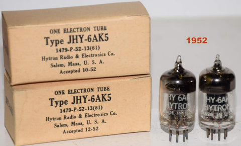 (!!!!) (Recommended Pair) JHY-6AK5 Hytron black plate NOS 1952 (7.3ma and 7.6ma)