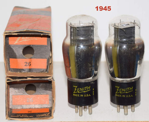 (!!!) (Recommended Pair) 26 Sylvania branded Zenith black plate NOS 1946 (4.9ma and 5.0ma) (rare) 1% matched