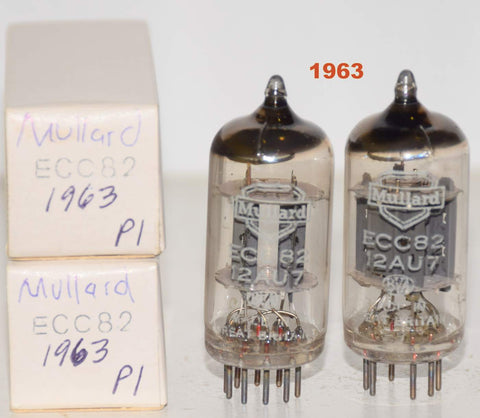 (!!!!!) (BEST PAIR 1963) 12AU7=ECC82 Mullard UK ribbed plates NOS 1963 same date codes (9.5/8.6ma and 9.0/8.6ma) (close Gm) 1-3% matched