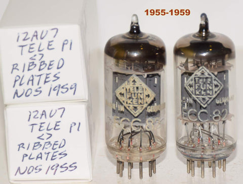 (!!!!!) (Oldest Pair 1950's) ECC82=12AU7 Telefunken Diamond Bottom <> ribbed plates NOS 1955-1959 very good printing (9.2/9.0ma and 9.4/9.6ma)