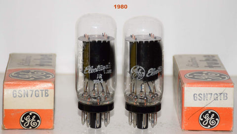 (!!!!!) (BEST VALUE PAIR #1) 6SN7GTB GE coin-base NOS 1980 same date codes (7.4/7.6ma and 7.8/7.6ma) (same Gm) (Schiit Freya, Rogue)