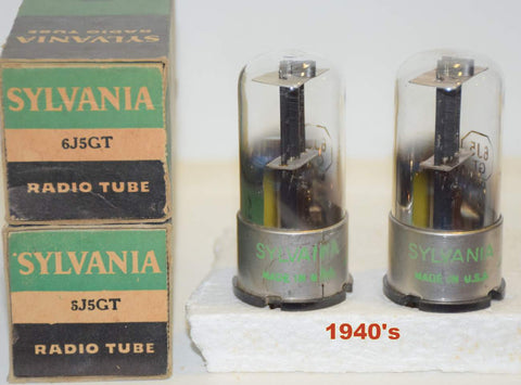 (!!!!) (Pair) 6J5GT Sylvania lightning logo NOS 1945-1946 (7.6ma and 7.4ma)