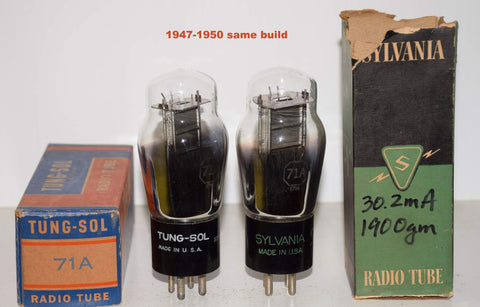 (!!!) (Recommended Pair) 71A Sylvania and Sylvania branded Tungsol NOS 1947-1950 same build (30.2ma and 32.4ma) (Highest mA and Gm)