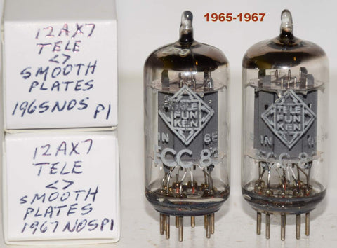 (!!!!!) (Best Overall Pair) ECC83=12AX7 Telefunken Germany smooth plates NOS 1965-1967 (1.3/1.1ma and 1.3/1.1ma) (phono grade) 1% matched (Same Gm)