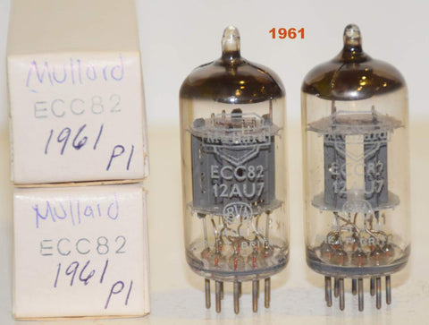 (!!!!!) (BEST PAIR 1961) 12AU7=ECC82 Mullard UK ribbed plates NOS 1961 same date codes (9.0/8.8ma and 9.3/9.2ma) (same Gm) 1-3% matched