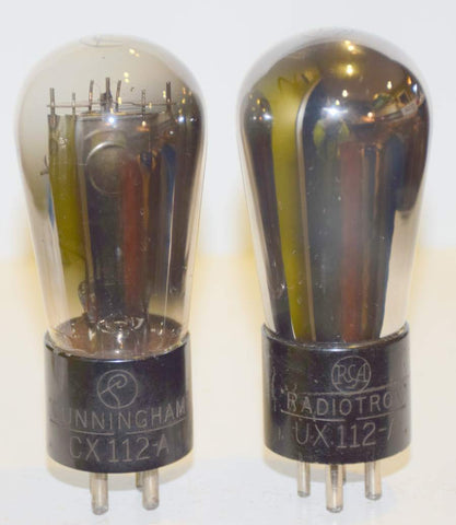 (!) (Best Value Pair) CX-112A Cunningham and UX-112A RCA Balloon engraved base used/tests like new (10.2ma and 9.7ma)
