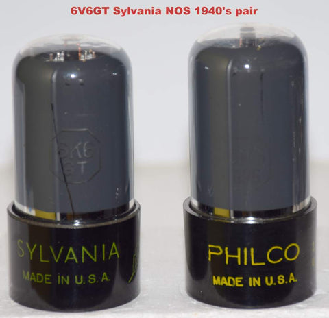 (!!!) (BEST PAIR) 6K6GT Sylvania coated glass NOS 1940's (1) branded Philco (44ma and 44.6ma)