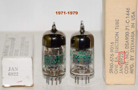 (!!!) (Recommended Pair) JAN-6922 Sylvania NOS 1971-1979 (17.6/18.3ma and 15.0/18.4ma) (smooth presentation)