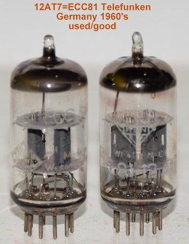 (!!!!!) (Best Value Pair) 12AT7=ECC81 Telefunken Germany Diamond Bottom <> used/good 1960's (7.6/6.2ma and 6.2/7.2ma)