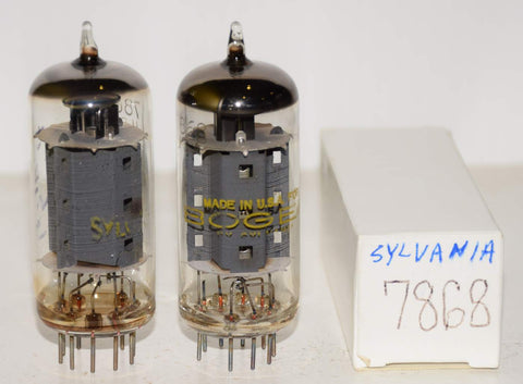 (!!!!) (Best Pair #1) 7868 Sylvania tipped top used/tests like new 1960's (65ma and 66ma) (strong mA and Gm)