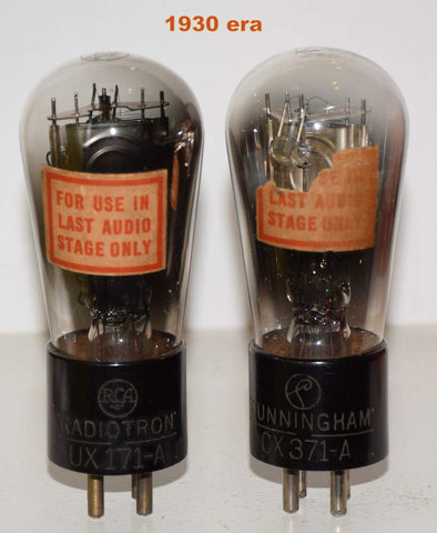 (!!) (Recommended Pair) UX-171A and CX-371A RCA/Cunningham Balloon used/test like new 1930 era same build (24.6ma and 27.2ma) (same Gm)