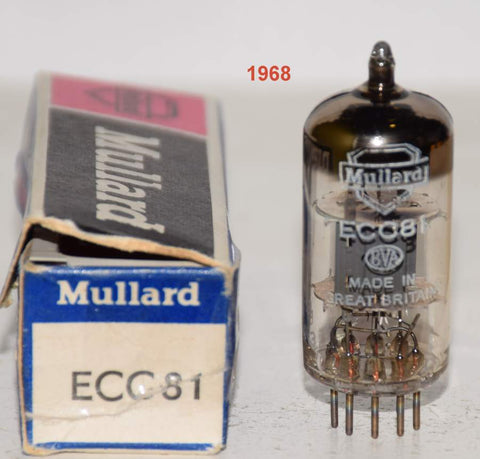 (!!!!) (Single) 12AT7=ECC81 Mullard UK used/tests like new 1968 (10.2/12.2ma)