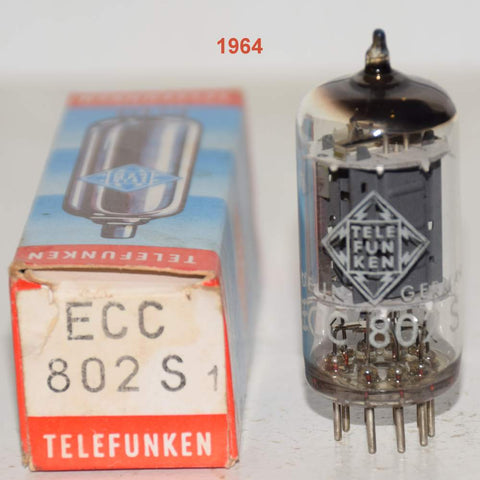 (!!!!) (Best Single #2) ECC802S=12AU7 Telefunken Germany <> bottom NOS 1964 good printing (11.0ma and 11.7ma)