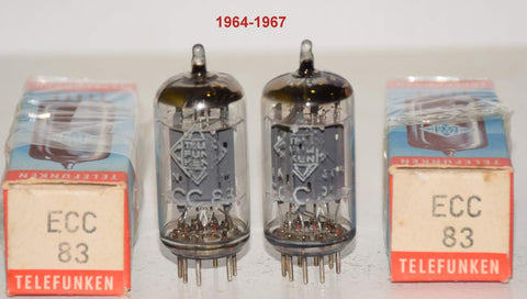 (!!!!!) (Best Pair #2) ECC83=12AX7 Telefunken Germany <> smooth plates NOS 1964-1967 (1.3/1.3ma and 1.4/1.3ma) (phono grade) 1-3% matched (Close Gm matching)