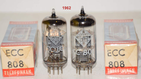 (!!!) (Best Overall Pair) ECC808=6KX8 Telefunken Diamond Bottom NOS 1962 (1.3/1.3ma and 1.4/1.3ma)