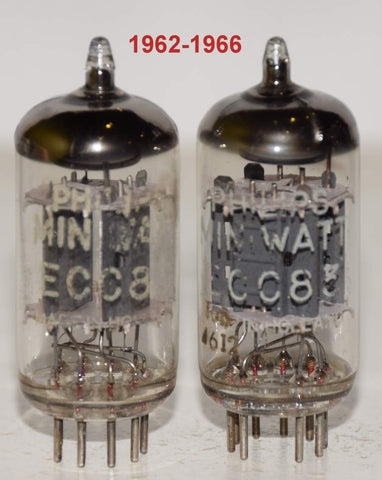 (!!!!!) (Best Value Pair) 12AX7=ECC83 Philips Miniwatt Holland used/strong 1962-1966 (1.3/1.2ma and 1.1/1.2ma) 1-3% matched