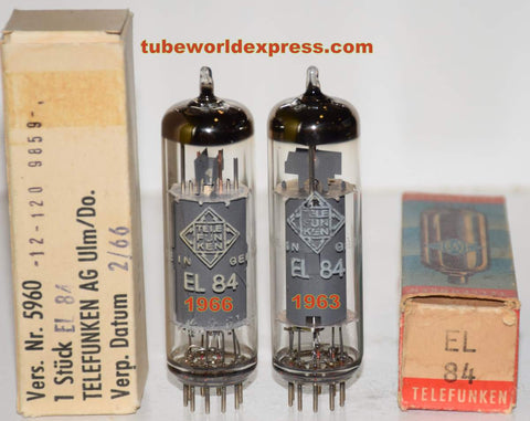 (!!!!) (Recommended Pair) EL84 Telefunken Germany <> bottom NOS 1963-1966 (68ma and 69.5ma) (recommended for FIXED-BIAS amp only due to high current)