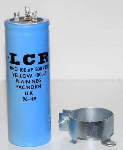 100uf/500VDC and 100uf/500VDC LCR UK electrolytic cap 1996 used/good - small dent in side of cap (1 in stock)