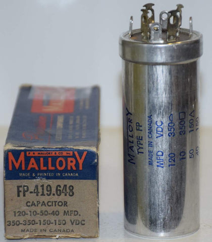 120uf and 10uf/350VDC and 50uf and 40uf/150VDC Mallory FP cap NOS (1 in stock) (4