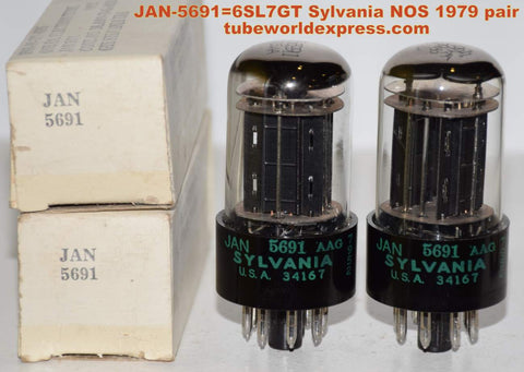(!!!!!) (Best Pair) JAN-5691 Sylvania black plates NOS 1979 (2.0/2.1mA and 2.1/2.1mA) (Best 6SL7GT sub) (same internals as 5691 red base)