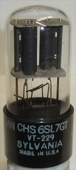 (!!) (Best Value) VT-229=JAN-CHS-6SL7GT Sylvania NOS white printing 1944-1945, hairline crack in base, mis-matched sections in white box (2.6/3.4ma)