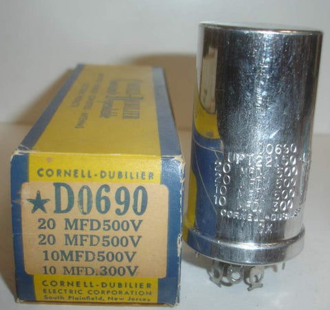 20/500V, 20/500V, 10/500V, 10/300VDC Cornell Dubilier FP cap NOS (D0690) (3 sections 500 volts)