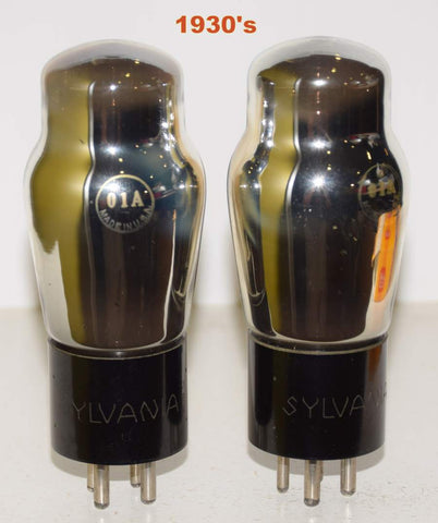 (!!!) (BEST VALUE PAIR) 01A Sylvania engraved base used/good 1930's (2.4ma and 2.7ma) (same Gm)