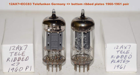 (!!!!!) (Best Pair #1) 12AX7=ECC83 Telefunken Germany <> bottom ribbed plates low hours/test like new 1960-1961 faded printing (1.0/1.2ma and 1.1/1.2ma) 1-2% matched (phono grade)