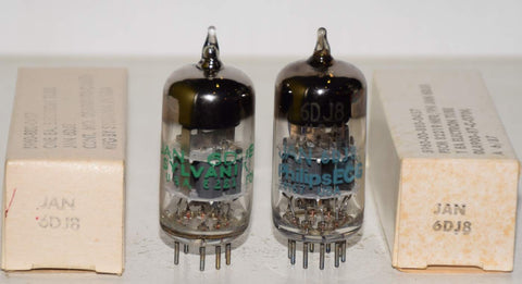 (!!!!) (Best Pair) 6DJ8=ECC88 Philips by Sylvania NOS 1987 and Sylvania 1973 same build (20/23.6ma and 21.6/22.6ma) (highest mA and Gm)