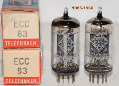 (!!!!!) (Best Pair #2) ECC83=12AX7 Telefunken Germany <> smooth plates NOS 1966 (1.0/1.2ma and 1.0/1.3ma) (phono grade) 1-3% matched (very close Gm matching)