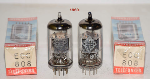 (!!!) (BEST PAIR #2) ECC808=6KX8 Telefunken Diamond Bottom NOS 1969 (1.1/1.1ma and 1.1/1.4ma)