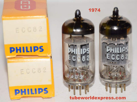 (!!!!) (Best Pair) 12AU7=ECC82 Mullard Philips UK ribbed plates NOS 1974 same date codes 1-2% matched (9.8/9.6ma and 9.6/10.0ma) (Rogue, Hovland, Audio Note)