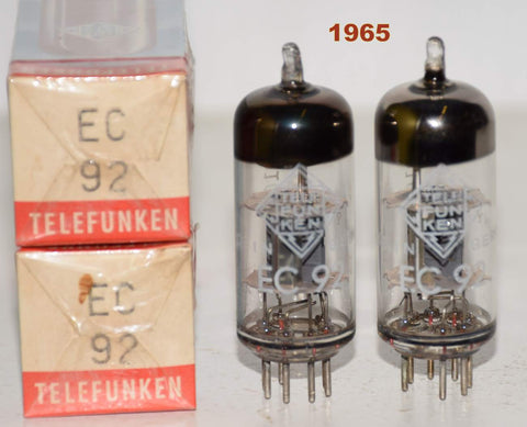 (!!!!) (Best Overall Pair) EC92=6AB4 Telefunken Germany <> bottom NOS 1965 same date codes (9.2/9.5ma) (mic)