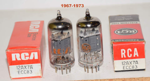 (!!!!) (Best Value Pair #1) 12AX7A RCA gray ribbed plates NOS 1967-1973 (best tone) (0.9/0.9ma and 0.9/1.1ma) (Fender)