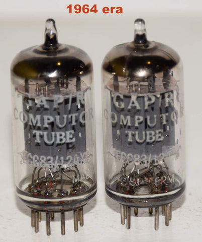 (!!!!) (Best Value Pair #2) 12AX7=ECC83 Telefunken Germany <> bottom branded GAP/R Computor tube <> bottom smooth plates used/good 1964 era (0.8/0.8ma and 0.8/0.8ma)