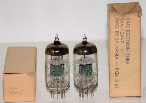 (!!) (Best pair #2) FAA-12AV7 Sylvania gray plates O getter NOS 1961 (15.8/16.2ma and 16.8/17.0ma)