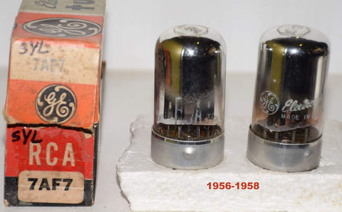 (!!) (PAIR) 7AF7 Sylvania branded RCA and GE NOS black round plates NOS 1956-1958 (7.0/7.6ma and 8.2/7.8ma) (close Gm matching)