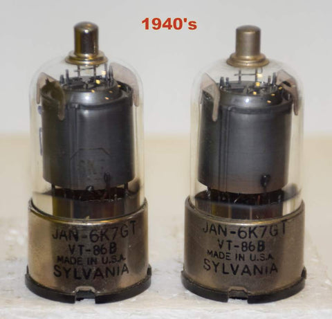 (!) (PAIR) 6K7GT=VT-86B Sylvania JAN used/strong 1940's (9.8ma and 9.6ma) (same Gm)