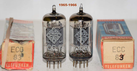 (!!!!!) (Best Pair #2) ECC83=12AX7 Telefunken Germany <> smooth plates NOS 1966 (1.0/1.0ma and 1.0/1.0ma) (phono grade) 1% matched (same Gm matching)
