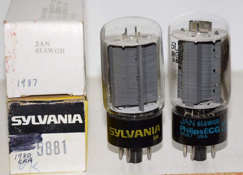 (!!!) (Recommended Pair) 6L6WGB=5881 Sylvania black base NOS 1980-1987 same build (70ma and 72.8ma)