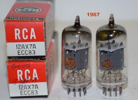 (!!!!) (Good Value Pair 1960's) 12AX7A RCA gray ribbed plates NOS 1967 (best tone) (1.0/0.8ma and 1.0/0.8ma) (1-2% matched)