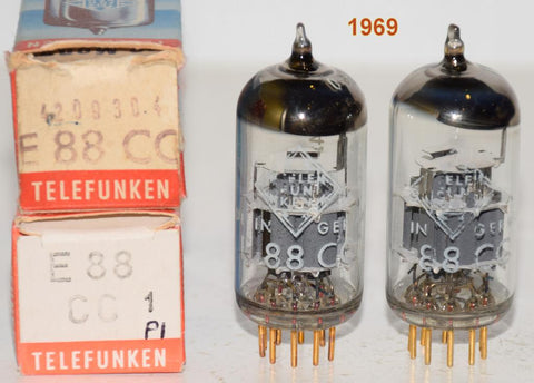 (!!!!!) (Best Overall Pair 1969) 6922=E88CC Telefunken Germany <> bottom NOS 1969 (19/18ma and 19.2/18.2ma) (Highest Ma and Gm) (phono grade)