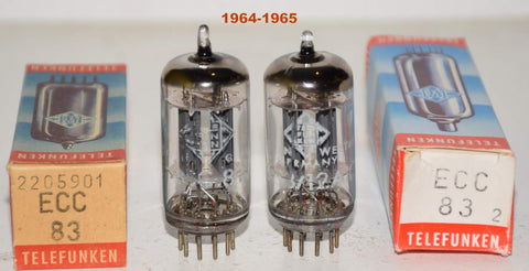 (!!!!!) (Best Pair) ECC83=12AX7 Telefunken Germany smooth plates NOS 1964-1965 (1.3/1.5ma and 1.2/1.4ma)