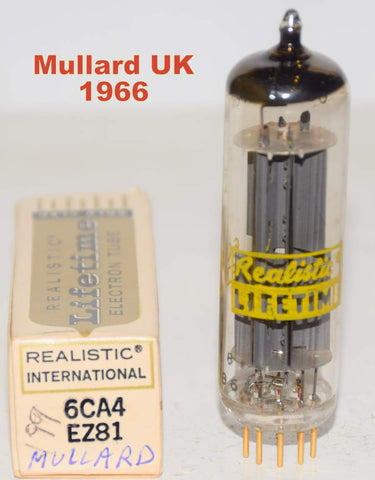 (!!!!) (Best Overall Single) EZ81 Mullard Blackburn UK NOS branded Realistic Lifetime gold pins 1966 (56/40 and 57/40)