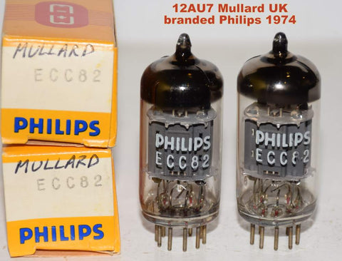 (!!!!) (Recommended Pair) 12AU7=ECC82 Mullard Philips UK ribbed plates NOS 1974 1-5% matched (9.8/9.4ma and 9.5/10.5ma) (Rogue, Hovland, Audio Note)