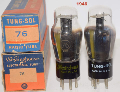 (!) (Recommended Pair) 76 Sylvania black plate branded Tungsol and Westinghouse NOS 1946 (5.6ma and 5.4ma)
