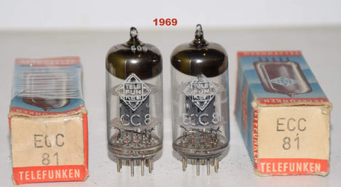 (!!!!) (Best Pair) ECC81=12AT7 Telefunken Germany <> bottom NOS 1969 (10.4/9.6ma and 9.2/10.4ma)
