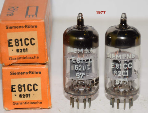 (!!!!) (Best Siemens Pair #1) E81CC=6201=12AT7WA Siemens Munich Germany NOS 1977 (12/13ma and 12/14ma) (High Ma and Gm)